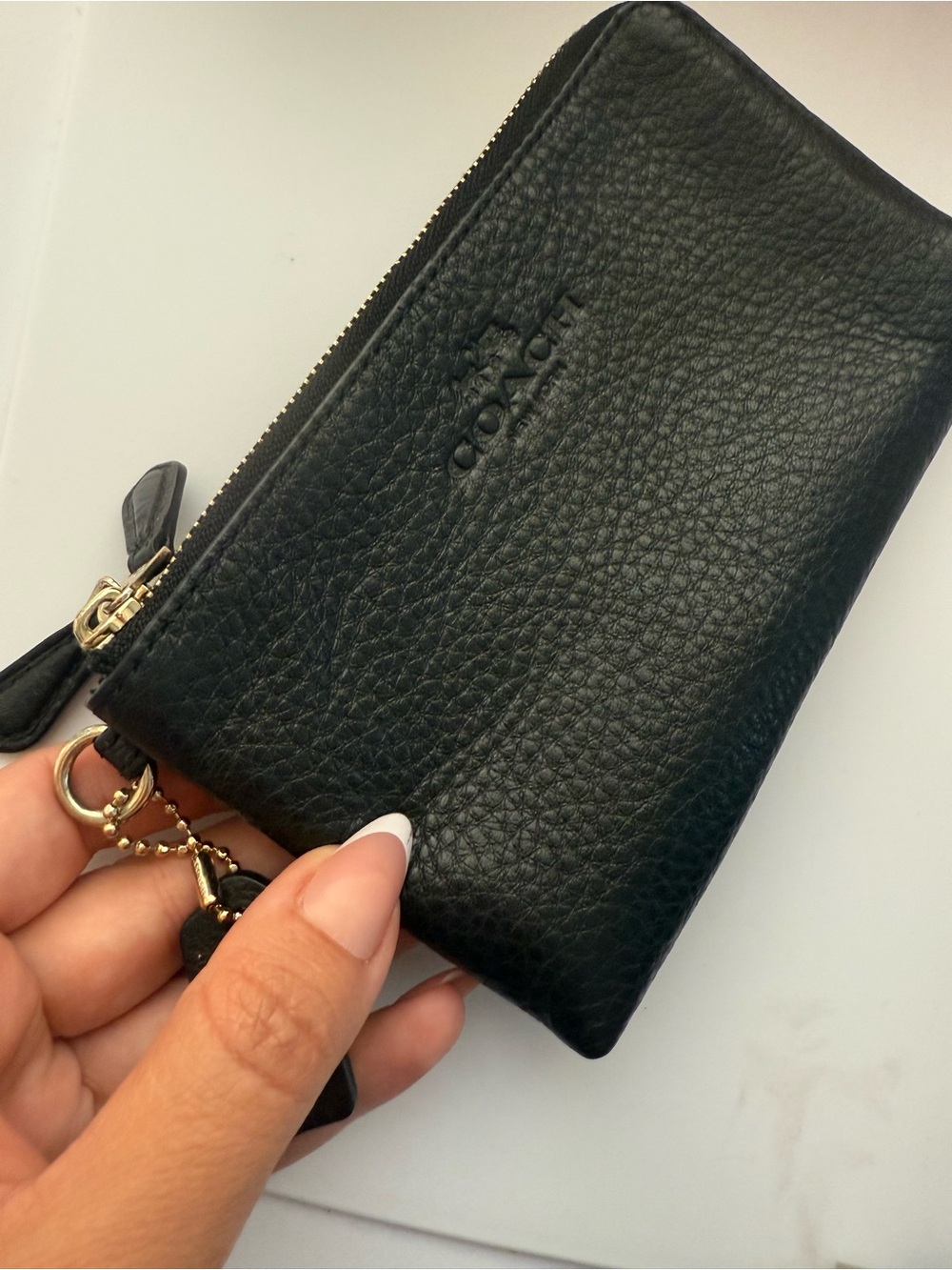 Coach Black Pebbled Leather Zip Key & Card Pouch with Gold Hardware